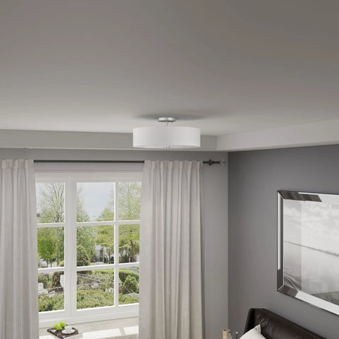 Meridian Collection 4 Light Semi Flush Mount Ceiling Fixture With Off White Fabric Hardback Drum Shade And Brushed Nickel Finish