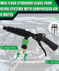 Heavy Duty Radiator Coolant Flush Gun With Manual Twin Pump To Blow Out Stubborn Buildup And Rust From Heater Cores And Entire Cooling System For A Smooth Running Rig showing air and water inlets.