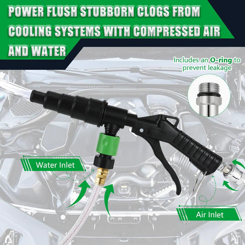 Heavy Duty Radiator Coolant Flush Gun With Manual Twin Pump To Blow Out Stubborn Buildup And Rust From Heater Cores And Entire Cooling System For A Smooth Running Rig showing air and water inlets.