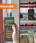 Portable Clamp On Ultrasonic Flow Meter With Data Output Handheld Sensor Pack S1 And M2 for DN15-700mm pipes in use.