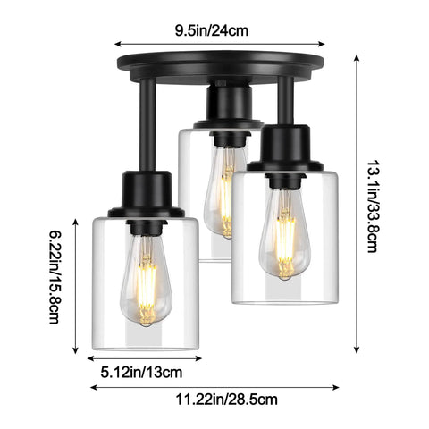 Three Light Matte Black Dope Semi Flush Mount Ceiling Light With Clear Glass Shades shown with dimensions