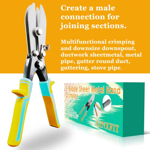 Five Blade Sheet Metal Hand Crimper For Downspouts Ductwork Venting And Stove Pipe Quick Crimp For 20 Gauge Steel And 28 Gauge Stainless Steel Multifunction Tool For HVAC Gutter Round Ductwork And Metal Pipe in packaging with visible tool.