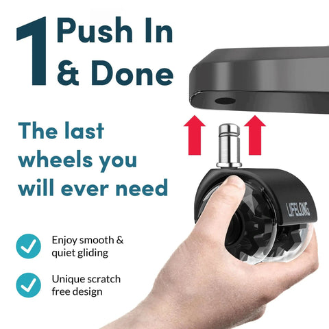 Hand holding one caster wheel from Heavy Duty Office Chair Casters Set Of 5 Replacement Wheels For Hardwood Floors And Carpet, Industrial Steel With Precision Bearings And Polyurethane, Smooth Roll, Fits Most Chairs, Not Compatible With IKEA