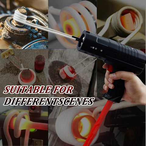 Front view: 1800W/110V induction bolt heater handheld tool, black body with orange heating belt