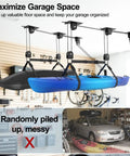 Beefy Cargo Box Ceiling Hoist With 3 Pulleys lifting two kayaks in garage, organized storage solution fits 10 to 14 feet ceilings.