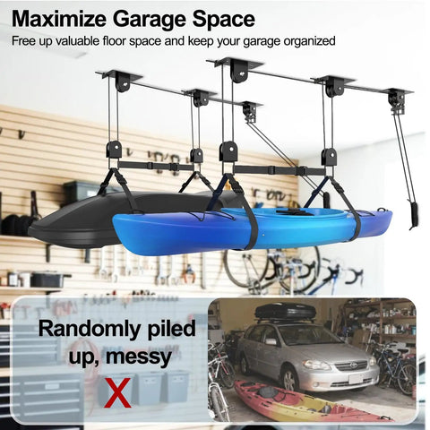 Beefy Cargo Box Ceiling Hoist With 3 Pulleys lifting two kayaks in garage, organized storage solution fits 10 to 14 feet ceilings.