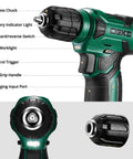 Sweet Green 8V Cordless Drill Tool Kit With Rugged Storage Case 126 Piece Heavy Duty Hand Tools For Diy Home Repairs Compact Electric Screwdriver Power Wrench Setup detailed view of drill features including keyless chuck, control trigger, and LED light.