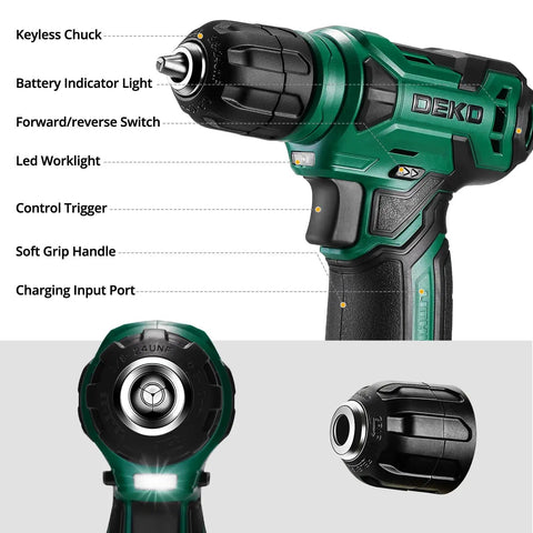 Sweet Green 8V Cordless Drill Tool Kit With Rugged Storage Case 126 Piece Heavy Duty Hand Tools For Diy Home Repairs Compact Electric Screwdriver Power Wrench Setup detailed view of drill features including keyless chuck, control trigger, and LED light.