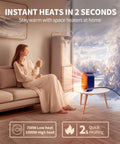 Woman sitting on sofa with Portable Indoor Space Heater With 2 Second Instant Heating For Quick Warmth on small table, blue color.