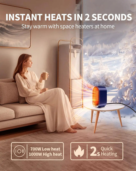Woman sitting on sofa with Portable Indoor Space Heater With 2 Second Instant Heating For Quick Warmth on small table, blue color.