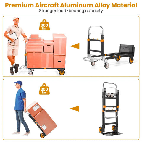 3 In 1 Convertible Heavy Duty Folding Hand Truck Dolly With 600 Lb Capacity in use with boxes and folded view