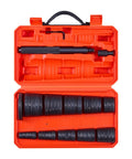 Open case showing Bearing Press Kit With 52 Piece Bearing Race And Seal Driver Set Including 49 Bushings And Handle Shaft