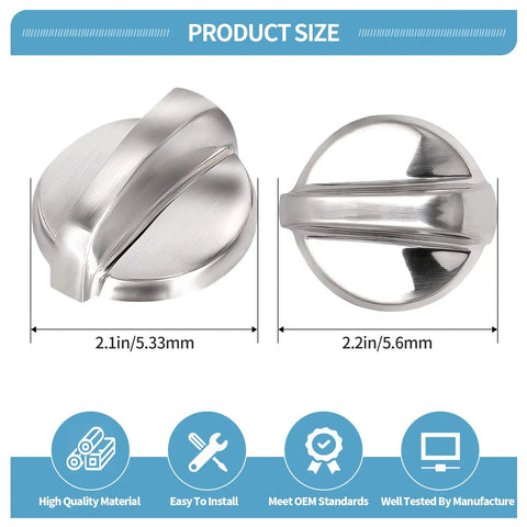 Chrome dial knobs for GE range, showing 2.1 inch size. 5 Pack Oven Knobs Replacements For GE Range And Stove WB03T10284 Compatible With 191D5100