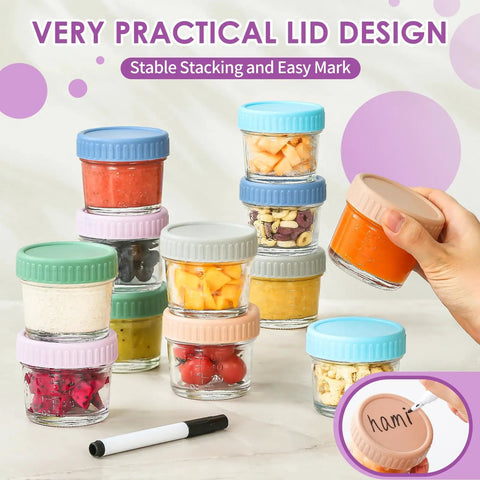 Glass Baby Food Storage Jars 4 Oz 12 Pack With Color Lids Totally Leak Proof BPA Free Reusable Containers in a colorful stack