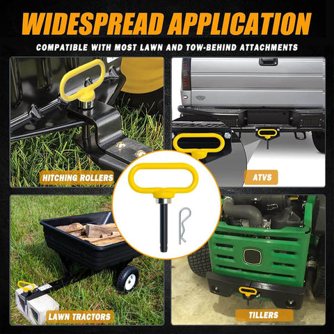 Heavy Duty Magnetic Hitch Pin One Half Inch For Lawn Mowers And Trailers One Handed No Fuss Easy Hook On Off No Rust Strong Magnet Gate Pin For ATVs Lawn Tractors Towing Cargo Fits Standard One Half Inch Receivers Yellow displayed in multiple installations