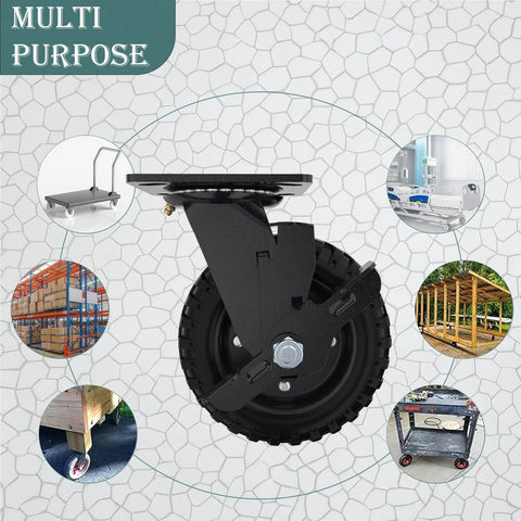 Badass Heavy Duty Caster Wheels Set Features Two Swivel Brakes And Two Rigid Pads, heavy-duty black wheel for stability.