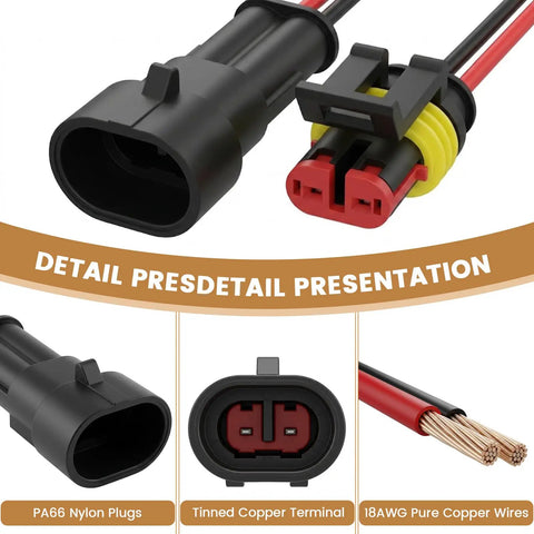 Heavy Duty 2 Pin Waterproof Wire Connector Set With 15 Cm Copper Leads And Heat Shrink Tubing showing detailed PA66 nylon plugs and tinned copper terminal.