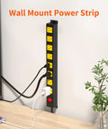 Built Tough Heavy Duty 8 Outlet Power Strip With 2100J Surge Protector, 6 Ft Cord, Wide Spaced Outlets, Wall Mountable Metal Power Strip For Home Office, Garage, And Workshop With Auto Shutdown Fuse mounted vertically with plugged-in devices