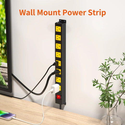 Built Tough Heavy Duty 8 Outlet Power Strip With 2100J Surge Protector, 6 Ft Cord, Wide Spaced Outlets, Wall Mountable Metal Power Strip For Home Office, Garage, And Workshop With Auto Shutdown Fuse mounted vertically with plugged-in devices