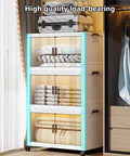 Slick Collapsible Storage Bins With Lids 5 Pack Plastic Boxes stacked with towels, inside closet, featuring wheels and clear fronts.