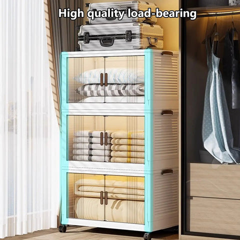 Slick Collapsible Storage Bins With Lids 5 Pack Plastic Boxes stacked with towels, inside closet, featuring wheels and clear fronts.