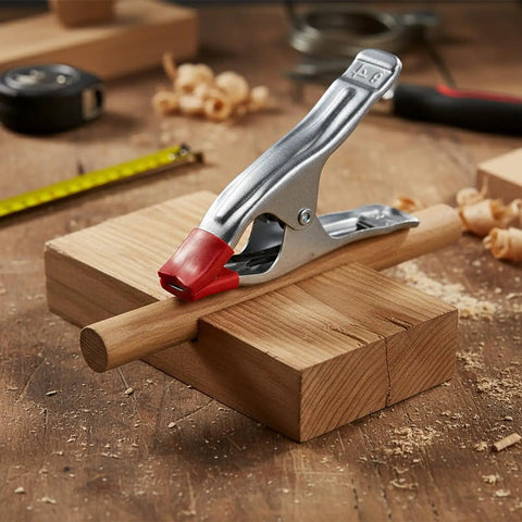 Heavy Duty A-Clamp Locking Pliers Made From Durable Alloy Steel gripping cylindrical wood on a workbench during assembly.