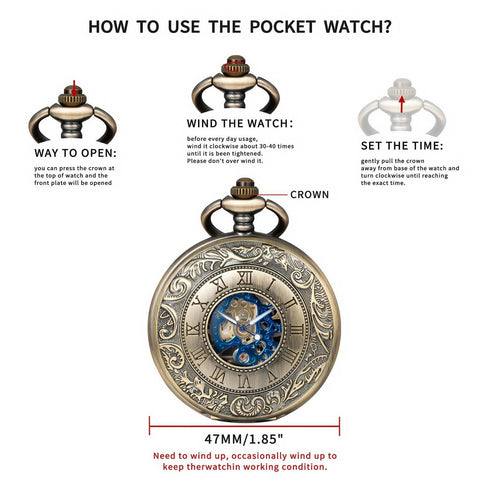 Mechanical Skeleton Pocket Watch With Roman Numerals Double Cover Half Hunter Design Bronze Tone Dial Standable On Table Photo Frame Inside Premium Box And Chain For Men And Women Dope Vintage Style