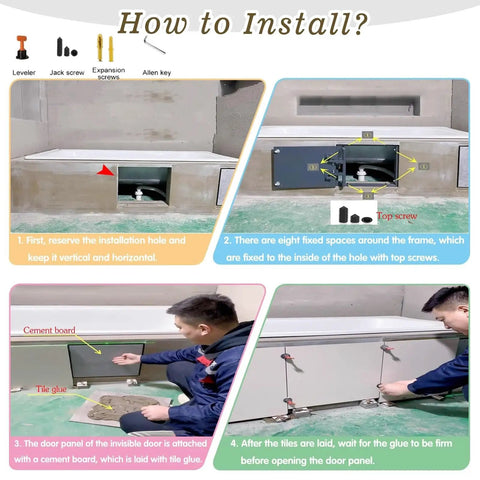 Installation guide for No Hassle Waterproof Drywall Access Panel Featuring Sleek Concealed Tile Finish for HVAC Systems.