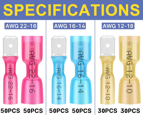 Haisstronica heat-shrink spade connectors; pink, blue, gold quick-disconnect terminals; 50/50/30 pcs.