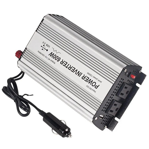 Heavy Duty 600 Watt Power Inverter 12V DC To 110V AC Converter for Trucks and Campers with dual AC outlets and USB port.