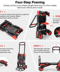 Four-step poening process of the 330LB Folding Hand Truck Heavy Duty Carrying, showing conversion to two-wheeled and four-wheeled cart.