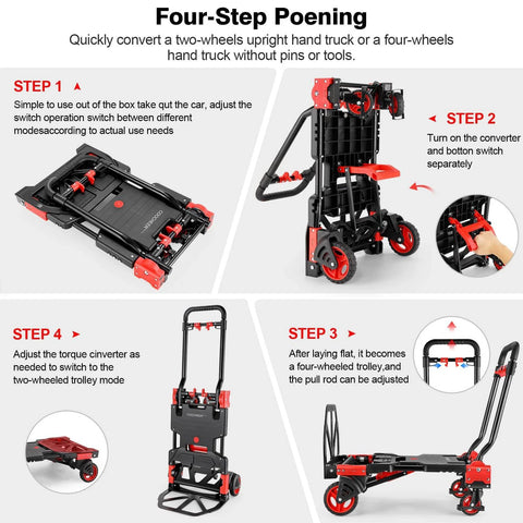 Four-step poening process of the 330LB Folding Hand Truck Heavy Duty Carrying, showing conversion to two-wheeled and four-wheeled cart.