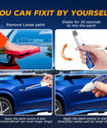 Instructional steps for using Car Paint Touch Up Pen for Deep Scratches And Rust Prevention on a blue car surface.