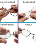 Instructions for installing Premium Silicone Screw In Nose Pads For Eyeglasses, showing four steps of the process.