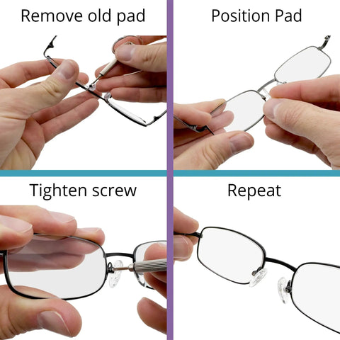 Instructions for installing Premium Silicone Screw In Nose Pads For Eyeglasses, showing four steps of the process.
