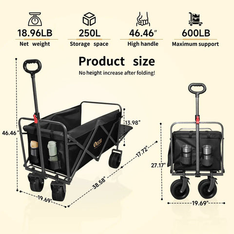 Heavy Duty Collapsible Wagon With Tailgate And Brake 600 Lbs Capacity All Terrain Beach Cart For Camping Garden Grocery
