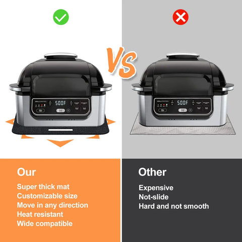 Comparison showing advantages of Two Pack Heat Resistant Air Fryer Mat Set 15 By 18 Inches Each with Sliding Caddy