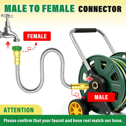 2 Ft Garden Hose With Female To Male Metal Connector 304 Stainless Steel Leader Hose For Hose Reels, Flexible And Kink Free