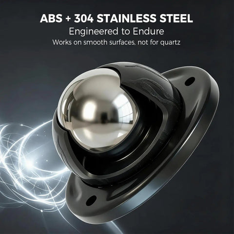 Top Shelf Heavy Duty Self Adhesive Caster Wheels Four Pack With Slick Rolling Three Sixty Swivel Action No Drill Industrial Strength Peel And Stick Mount For Furniture Cabinets And Storage Boxes Black - close-up of stainless steel ball mounted on a black base.