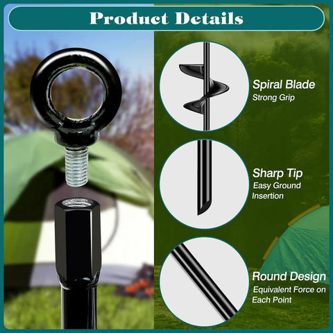 Product details of Six Pack 30 Inch Auger Earth Shed Anchor Kit with Spiral Blade showing spiral blade, sharp tip, round design for stability