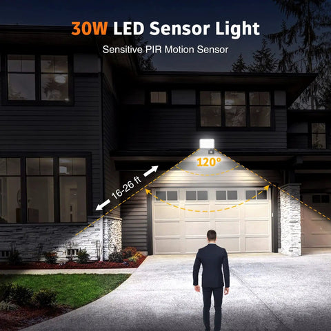 30W LED Flood Lamp with PIR Motion Sensor, illuminating garage entrance, showcasing 120° detection angle and 16-26 ft range for security.