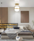 Dope Mid Century Globe Semi Flush Mount Ceiling Light In Brushed Gold With Milky White Glass Shade Industrial Style Fixture