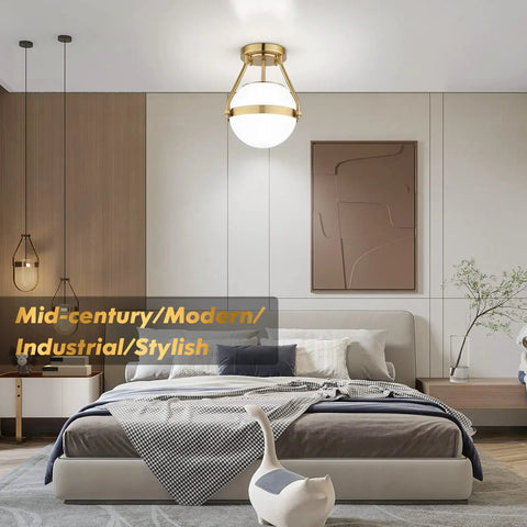 Dope Mid Century Globe Semi Flush Mount Ceiling Light In Brushed Gold With Milky White Glass Shade Industrial Style Fixture