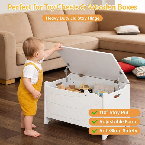Heavy Duty Mechanical Lid Stay Hinge 110-Degree Adjustable Soft Close Built Tough For Cabinet Doors Toy Chests And Wooden Boxes No Gas Anti Slam Zinc Alloy Kit 2 Pack installed in toy chest with child interacting