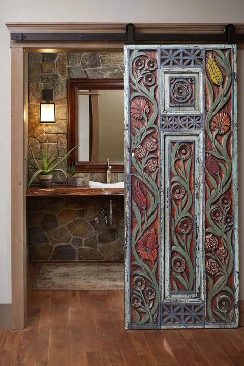 Floral Carved Barn Wood Door 71x34 Inch Rustic Farmhouse Entry Pantry Door Double Or Single Sliding Door No Glass No Hardware