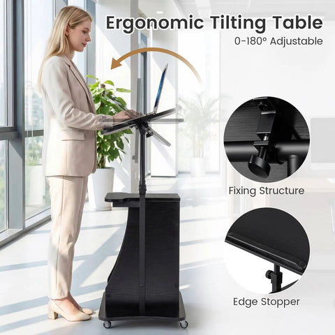 Slick Height Adjustable Standing Desk With Smooth Rolling Casters, Tilting Lectern Stand, Ergonomic 0-180 degrees adjustability.