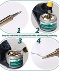 Steps for using digital soldering station with Celsius Fahrenheit display and pro grade tips cleaner in use.