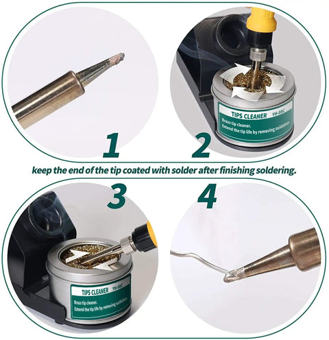 Steps for using digital soldering station with Celsius Fahrenheit display and pro grade tips cleaner in use.