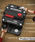 100 Amp Waterproof DC Inline Circuit Breaker With Manual Reset For Marine Boats, Trolling Motors, Cars, RVs And ATVs, 12V To 48V DC, Ignition Protected Push Button Reset Reusable with copper wire lugs