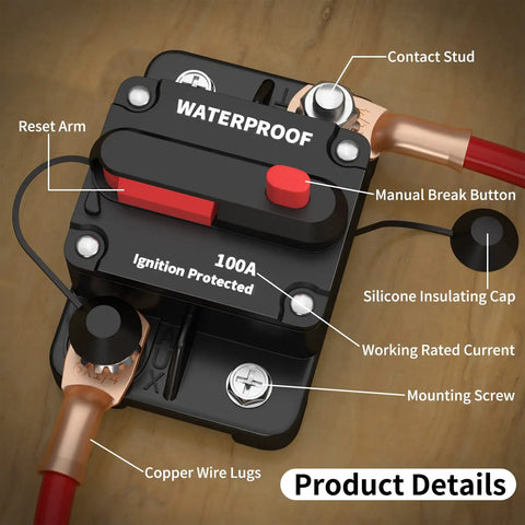 100 Amp Waterproof DC Inline Circuit Breaker With Manual Reset For Marine Boats, Trolling Motors, Cars, RVs And ATVs, 12V To 48V DC, Ignition Protected Push Button Reset Reusable with copper wire lugs